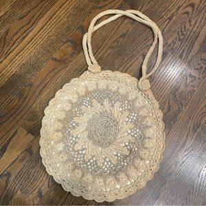 VINTAGE 1970s Crochet Round Floral Motif Tote Shoulder Bag